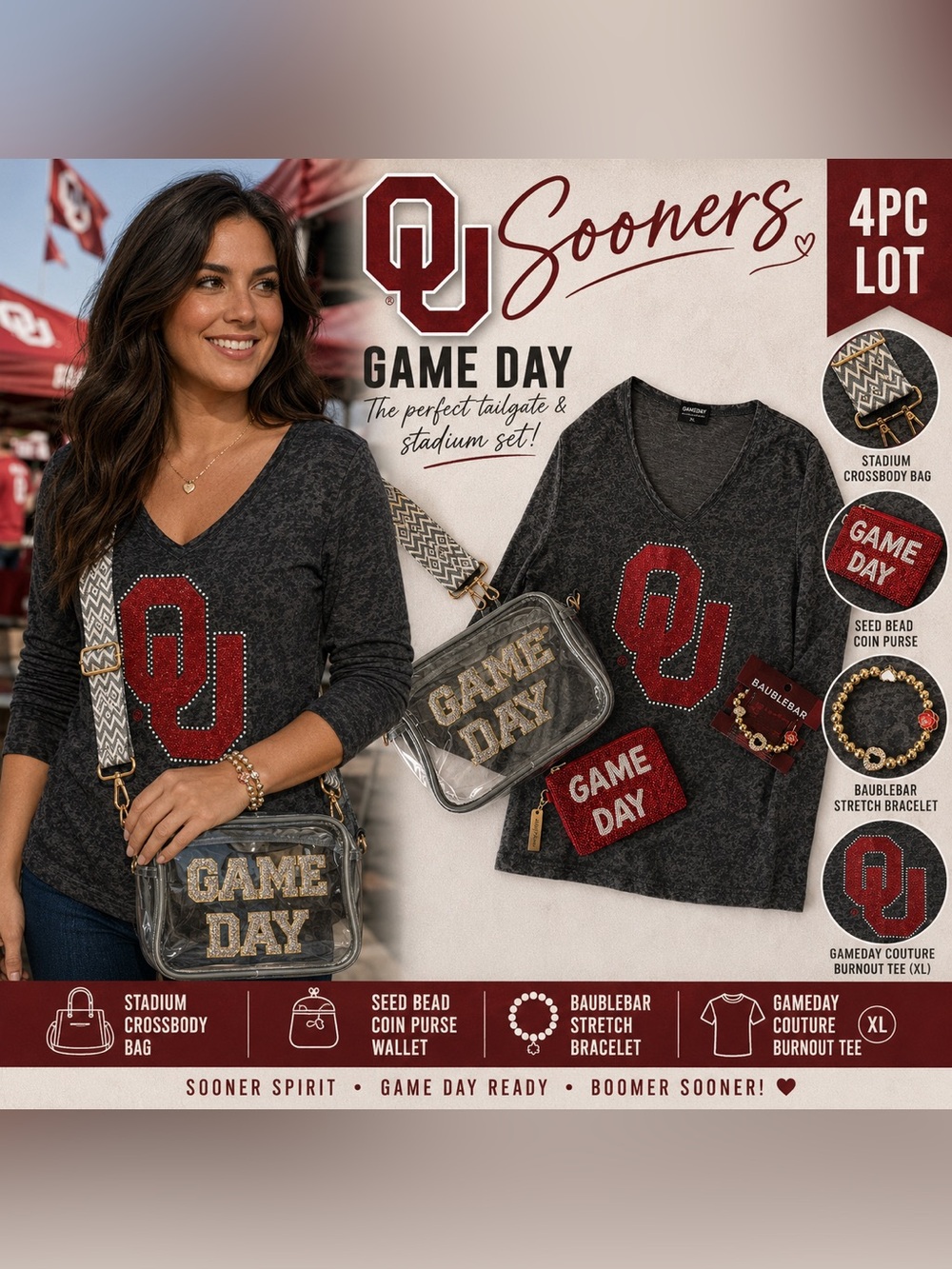 OU Sooners Game Day Tailgate 4pc Lot Gameday Couture XL + BaubleBar stadium bag